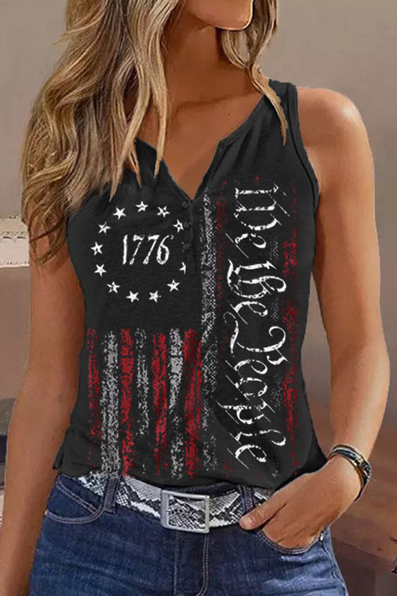 1776 We The People Flag Print Button Notched Neck Tank - Fashionpara