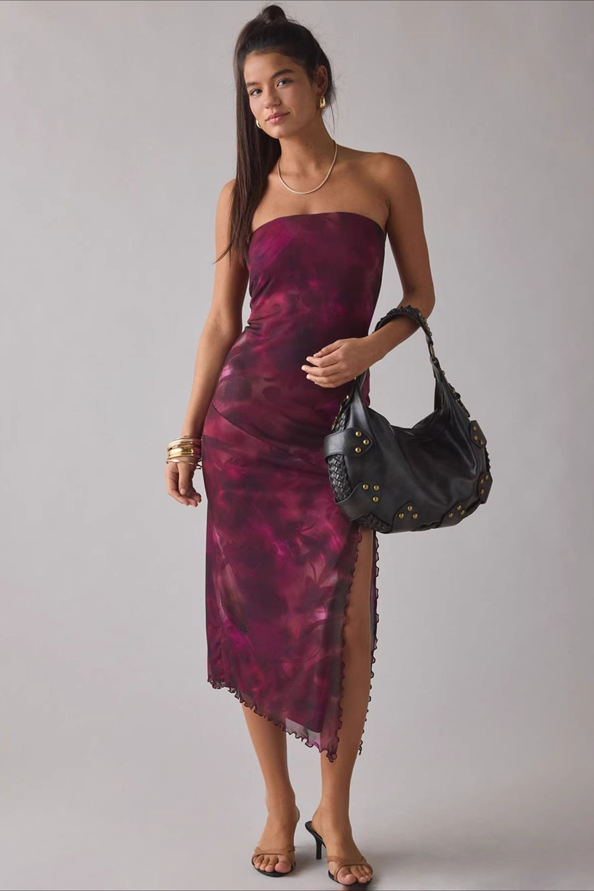 Gradient Print Mesh Strapless High Split Bias Midi Dress