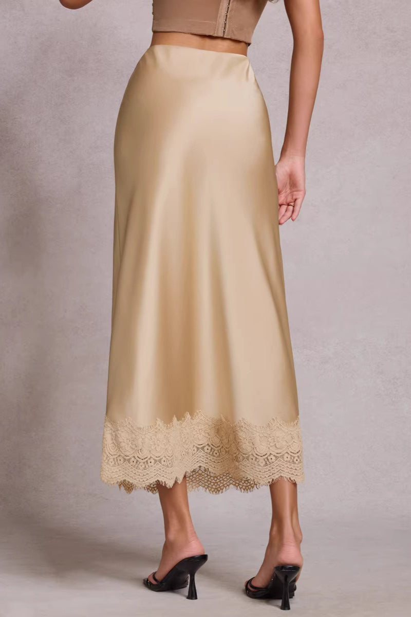 Lace Satin Midi Skirt