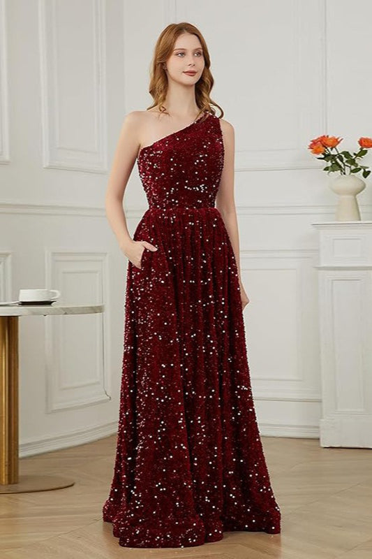 Sequin Embellished One-Shoulder A-Line Maxi Gown