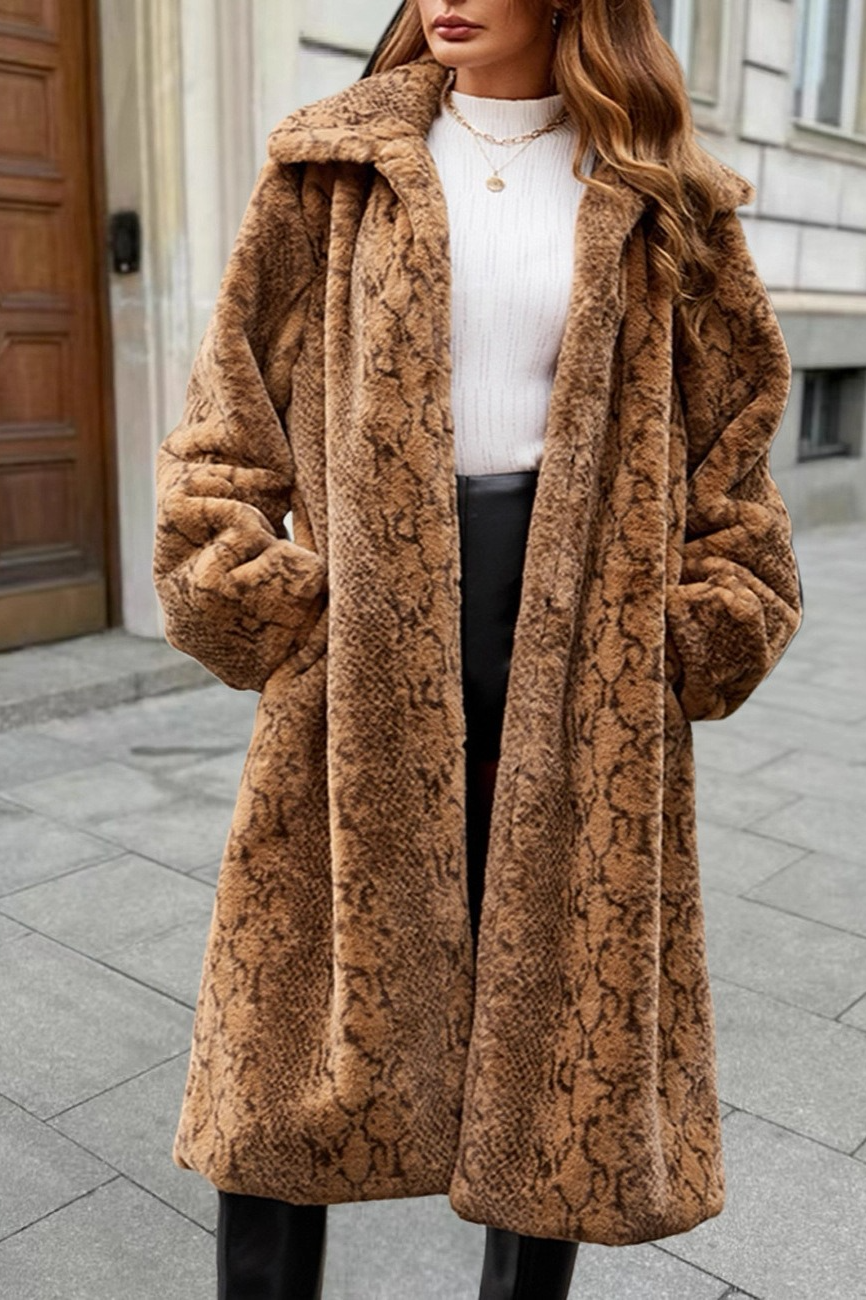 Leopard Faux Fur Knee Length Thick Plush Overcoat - Fashionpara