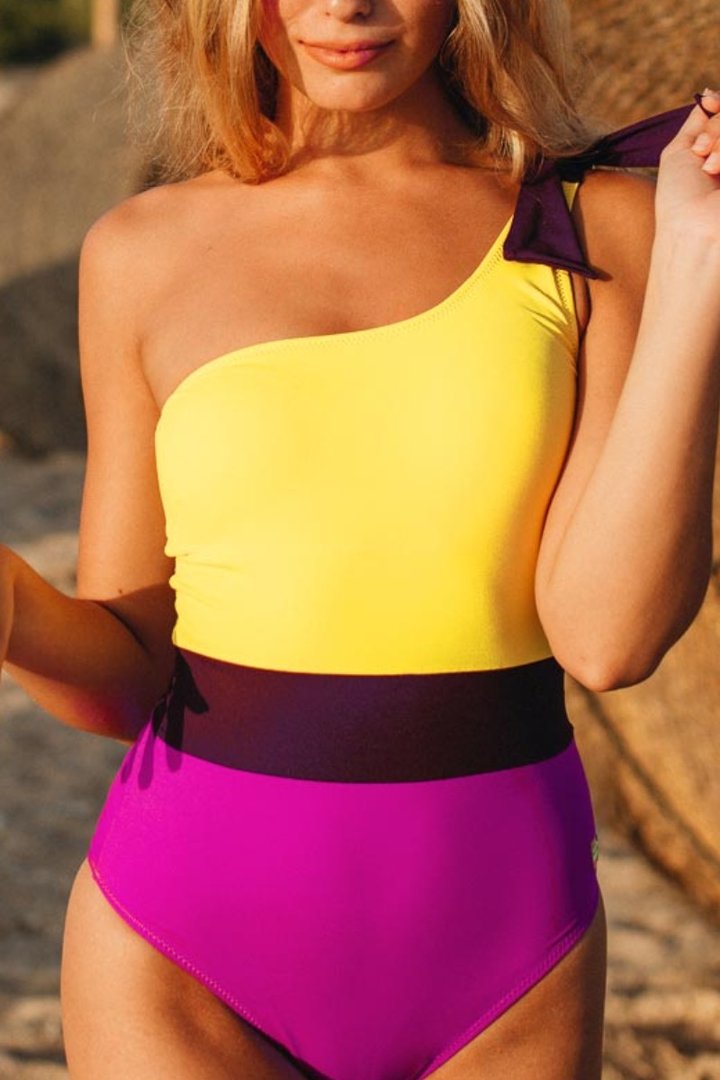 One Shoulder Color-lump Patchwork Green One-piece Swimsuit(3 Colors) - Fashionpara