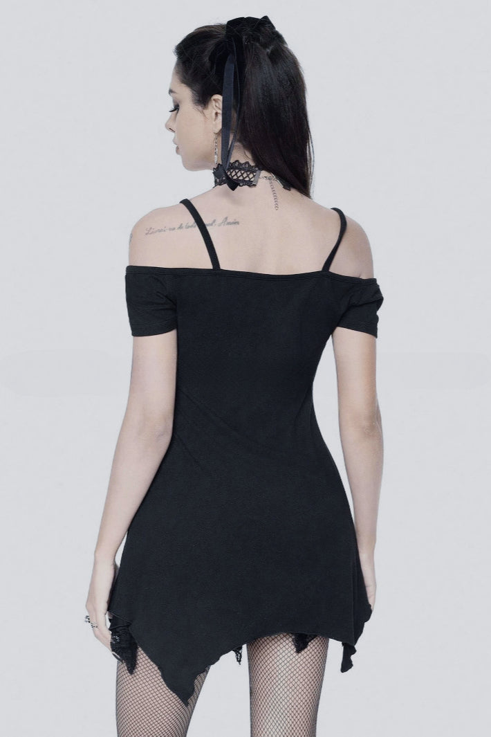 Graphic Print Off Shoulder Lace Trim Mini Dress