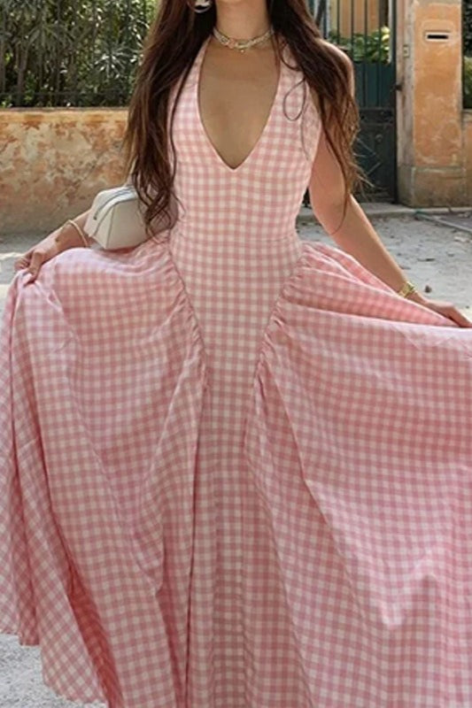 Gingham Check Halter Neck Fit-and-Flare Maxi Dress