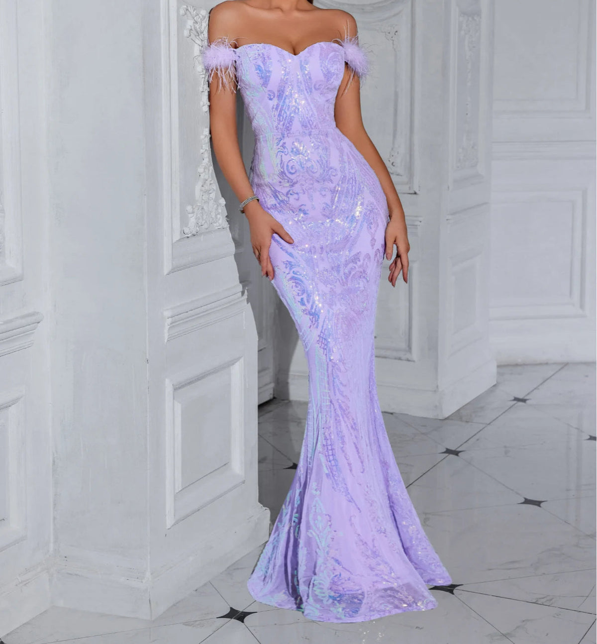 Sequin Off Shoulder Feather Trim Mermaid Gown