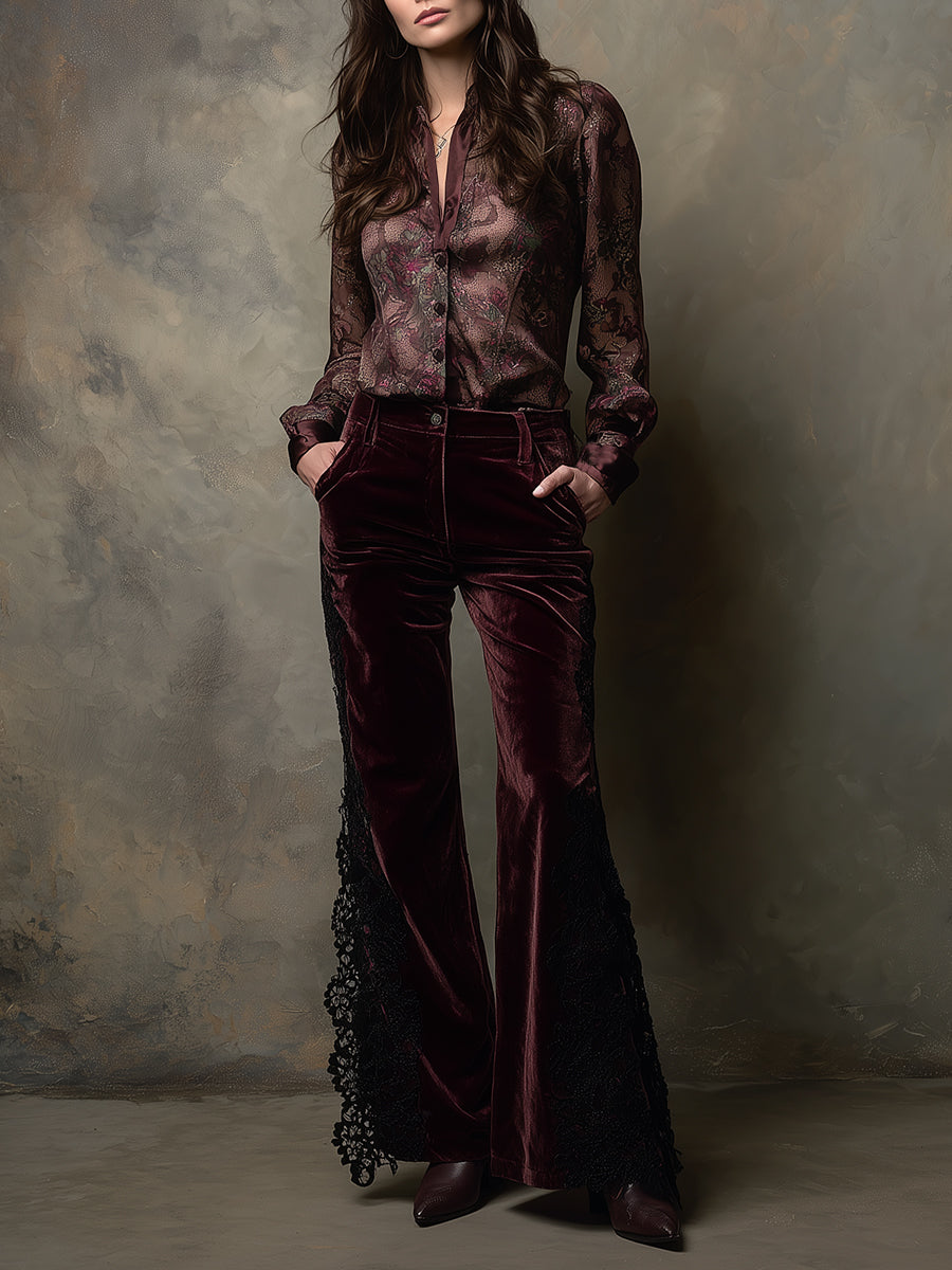 Retro Printed Satin Front Seam Patchwork Blouse - Fashionpara