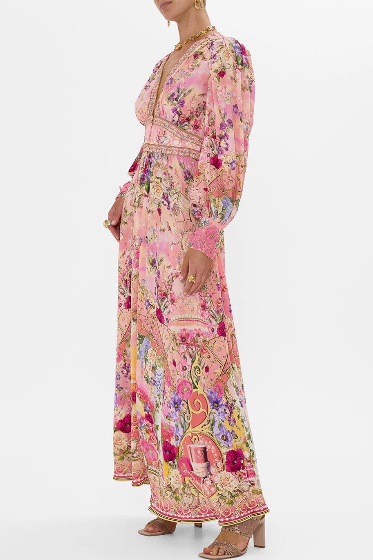 Printed V-neck Long-sleeved Puff Sleeve Waist Maxi Dress - Fashionpara