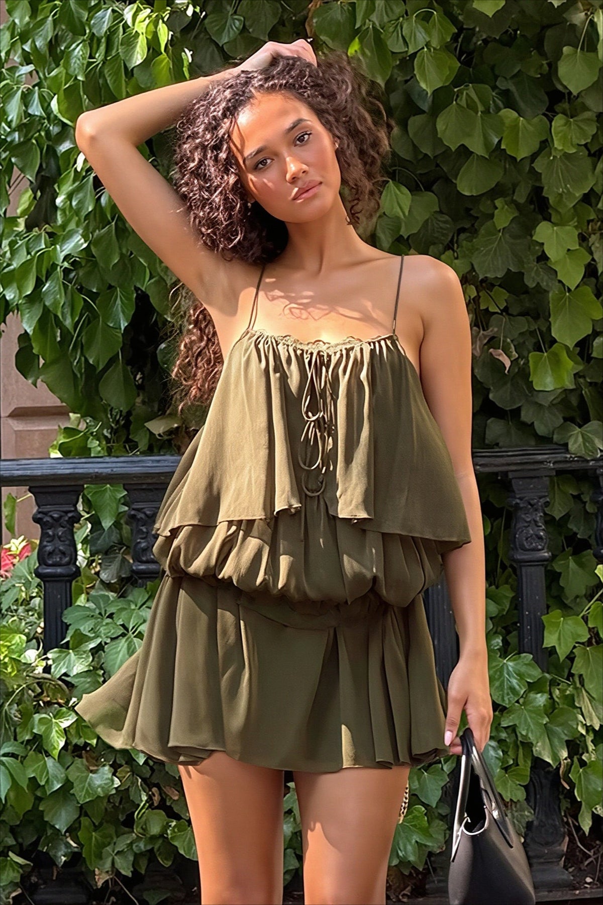 Spaghetti Strap Tie-Front Tiered Ruffle Mini Dress