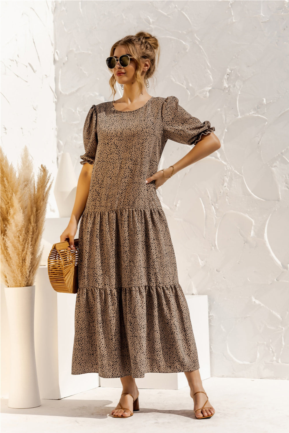 Puff Sleeve Polka Dot Plaid Patchwork Long Dress - Fashionpara