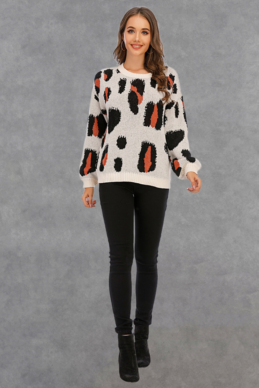 RadyRin Leopard Print Round Neck Pullover Sweater