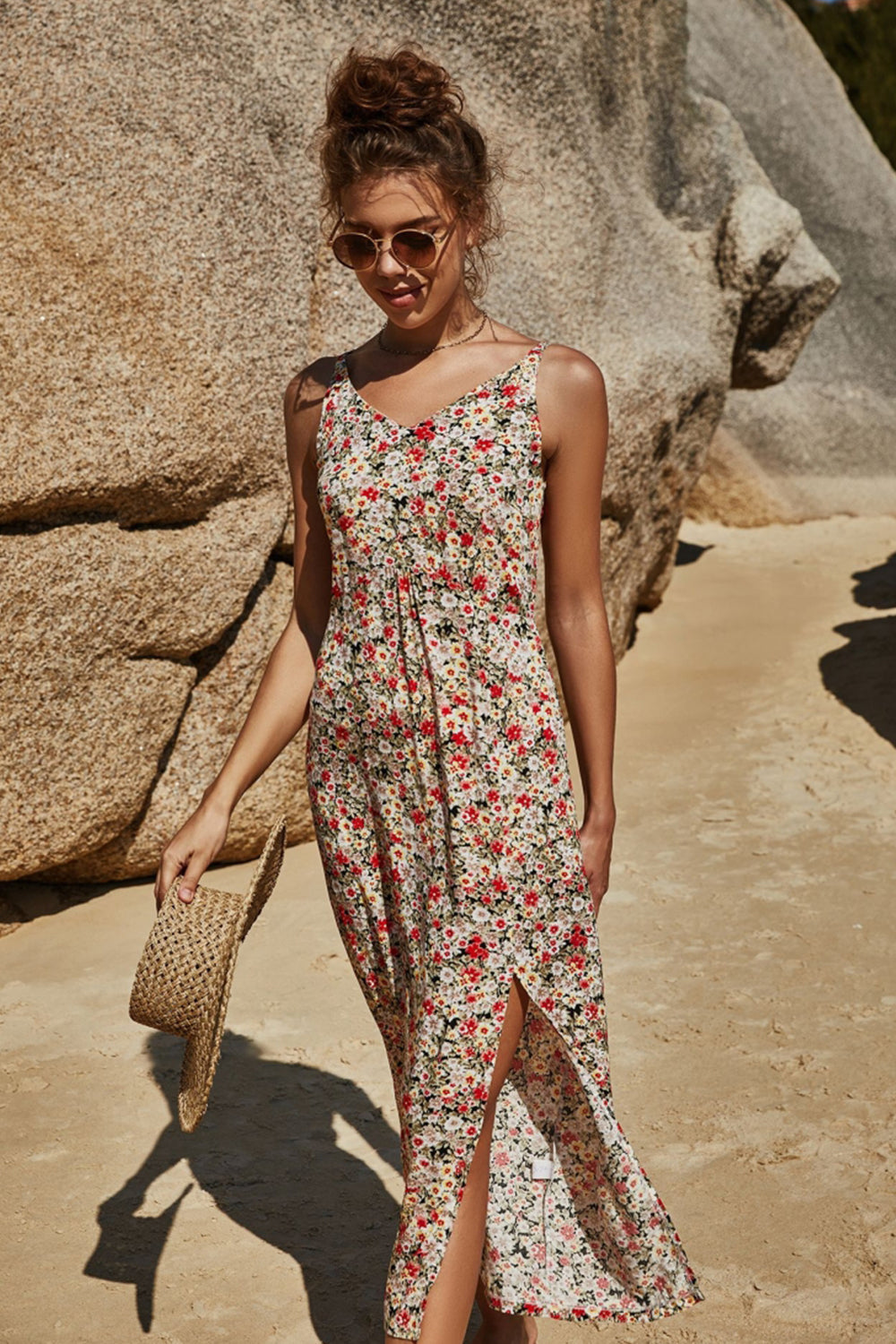 Irregular Slit Sling Floral Dress - Fashionpara