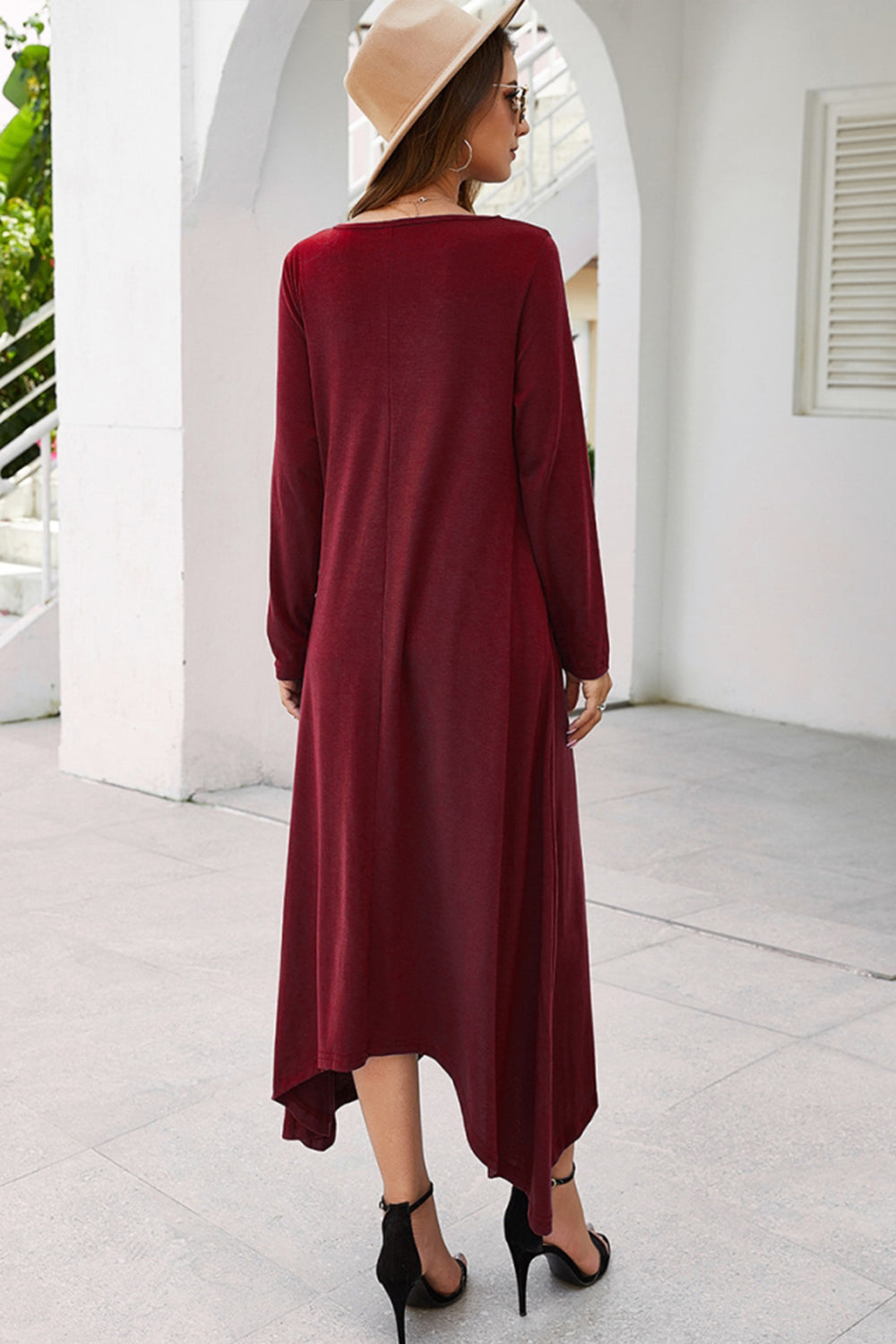Solid Color Big Swing Skirt Long Sleeve Dress - Fashionpara