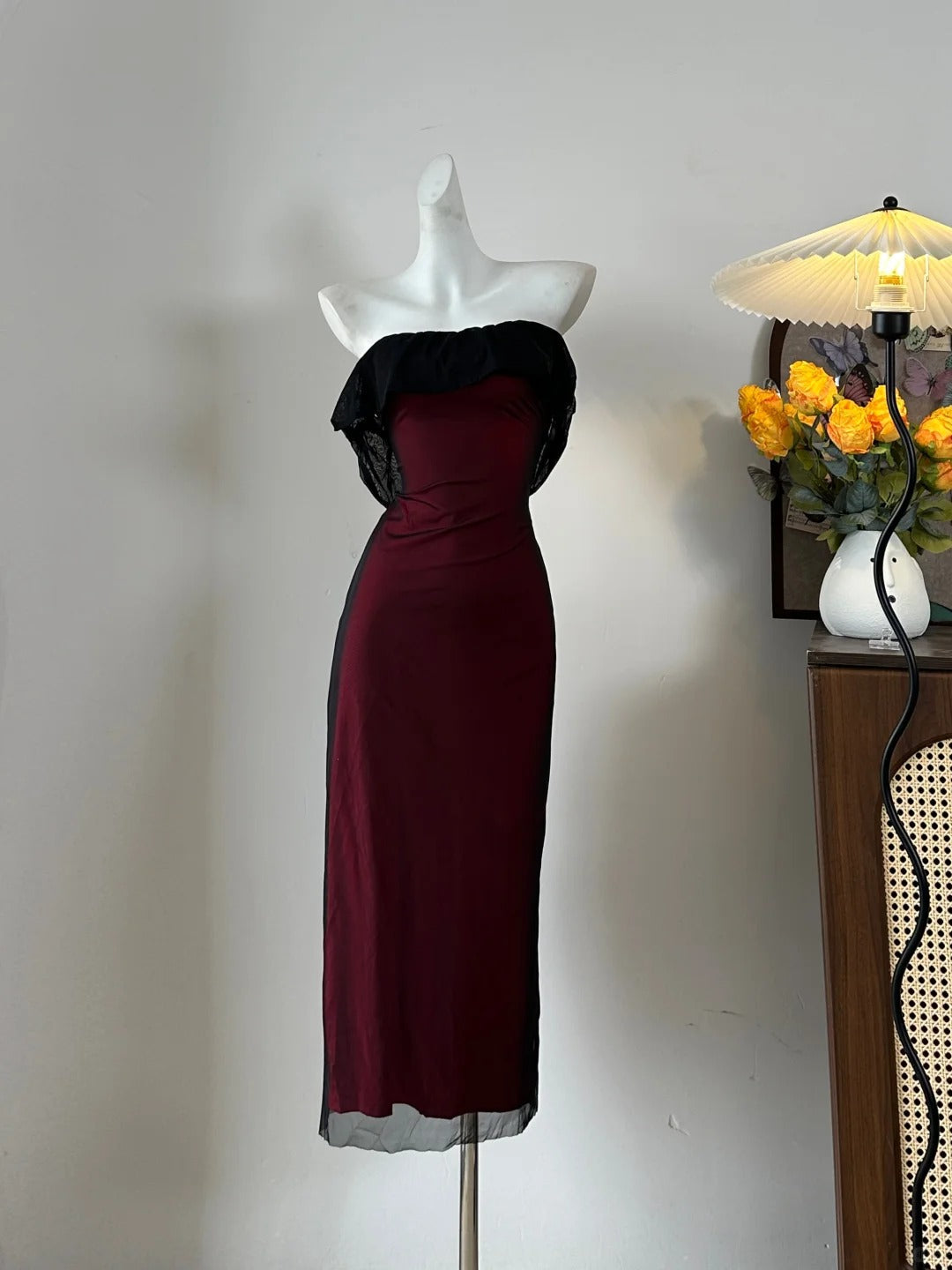 Retro Burgundy Slim-fit Tube Top Ruffled Tulle Prom Dress Evening Dress P4080