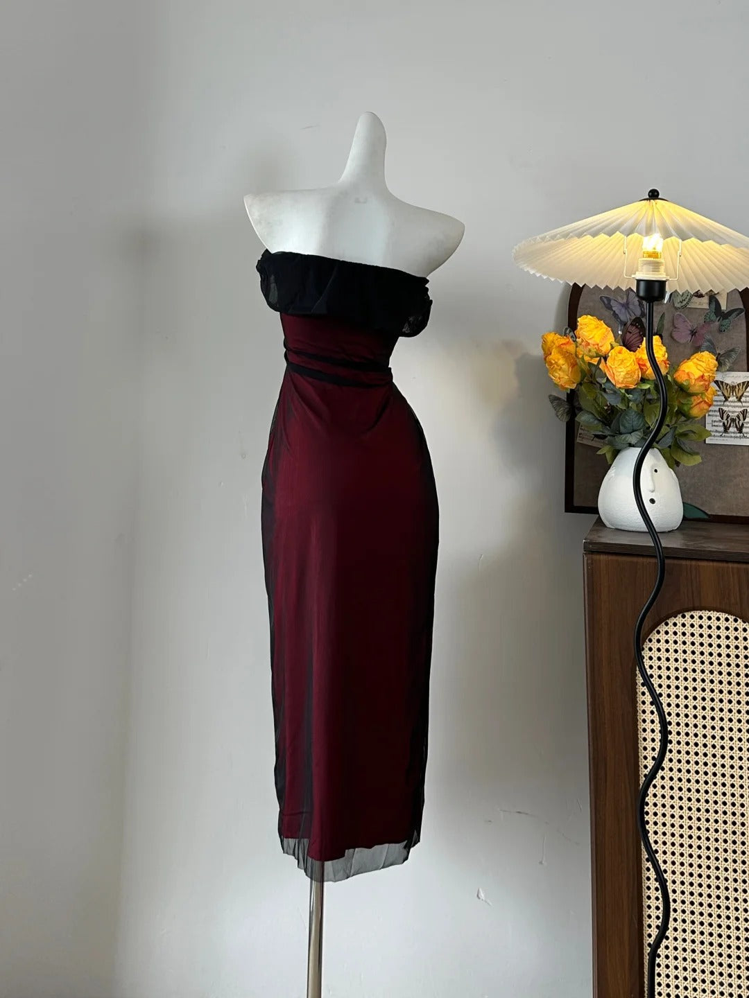 Retro Burgundy Slim-fit Tube Top Ruffled Tulle Prom Dress Evening Dress P4080