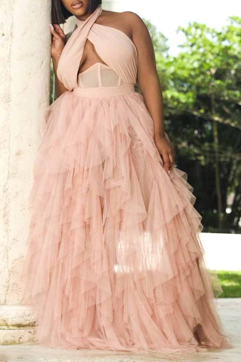 Plus Size Dresses Pink Backless Sleeveless See-through Maxi Dress Fashionpara