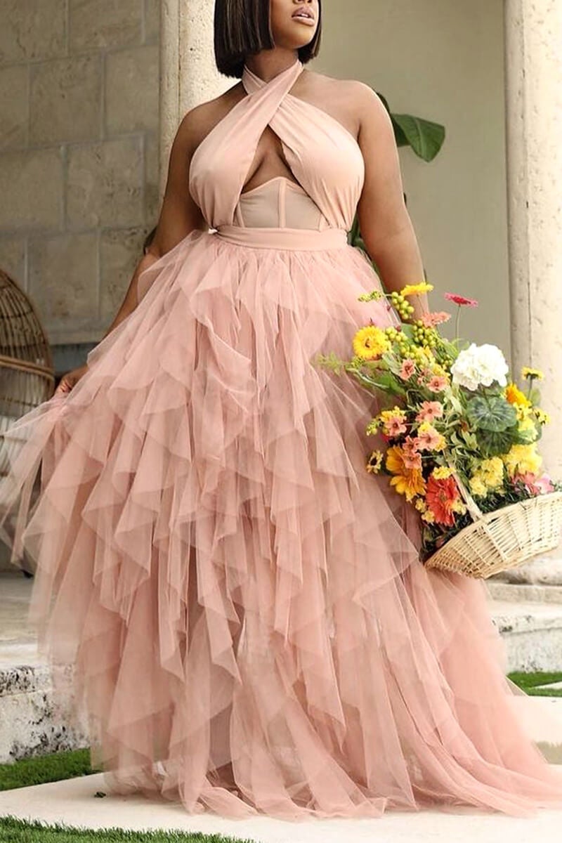Plus Size Dresses Pink Backless Sleeveless See-through Maxi Dress Fashionpara