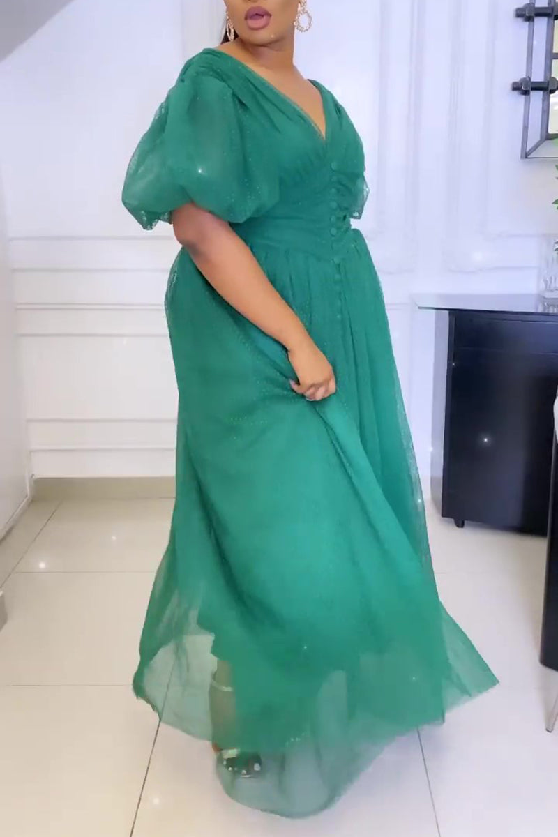 Plus Size Elegant Lace Sheer Polka Dot A-line Puff Sleeve Retro Maxi Dress Fashionpara