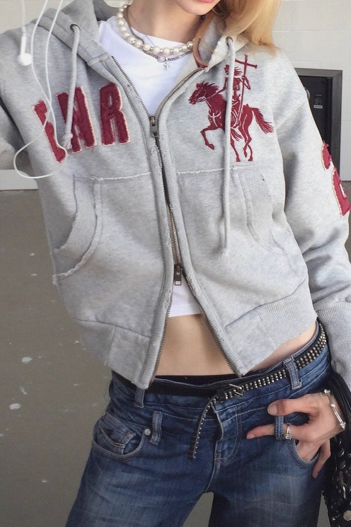 Embroidered Letter Zip Hoodie