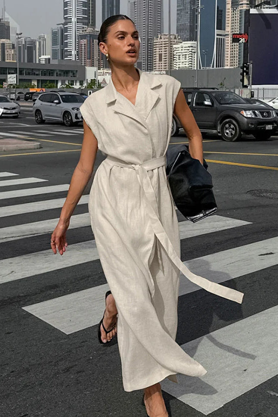 Khaki Cotton Linen Belted Shirt Maxi Dress