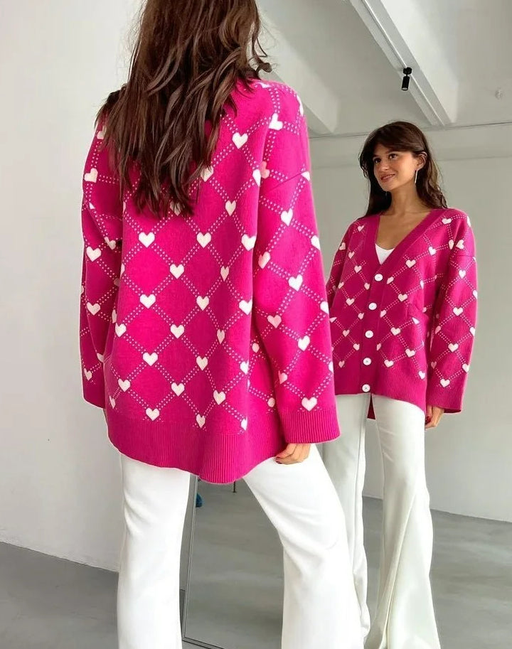 V-neck Heart Pattern Pocket Cardigan 3