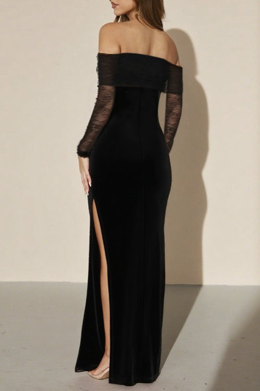Off Shoulder Long Sleeve Lace Panel Bodycon Maxi Dress 3
