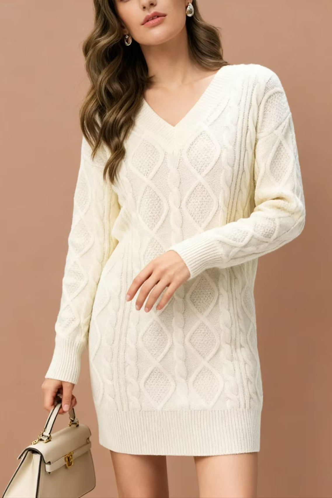PrincessAce V-Neck Cable-Knit Sweater Mini Dress in Solid Color