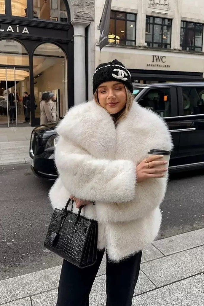 Eco Faux Fox Fur Notch Lapel Plush Coat - Fashionpara