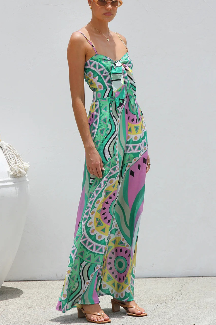 Unique Printed Suspender Back Pleated Pocket Wide-leg Jumpsuit - Fashionpara
