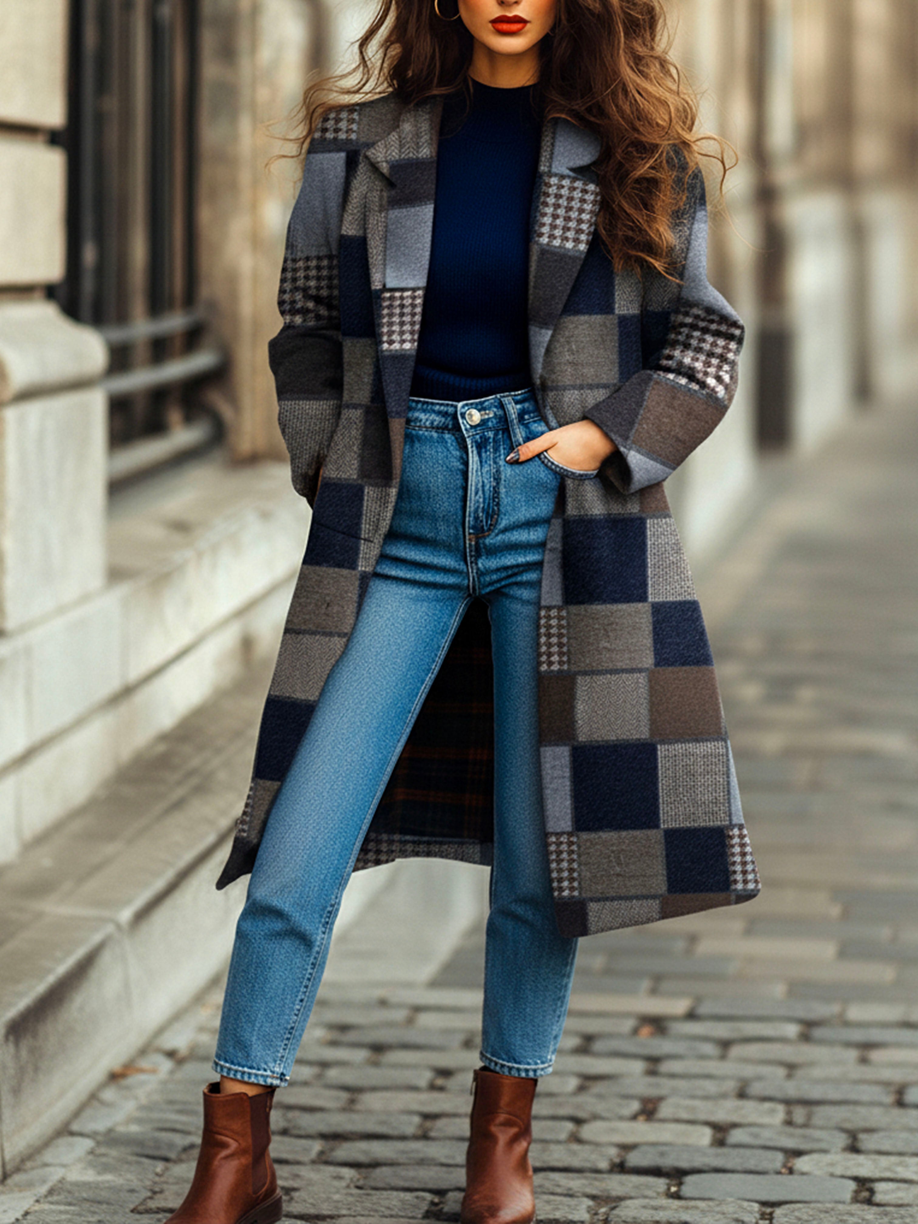 Vintage Lapel Collar Plaid Patchwork Wool Long Coat - Fashionpara