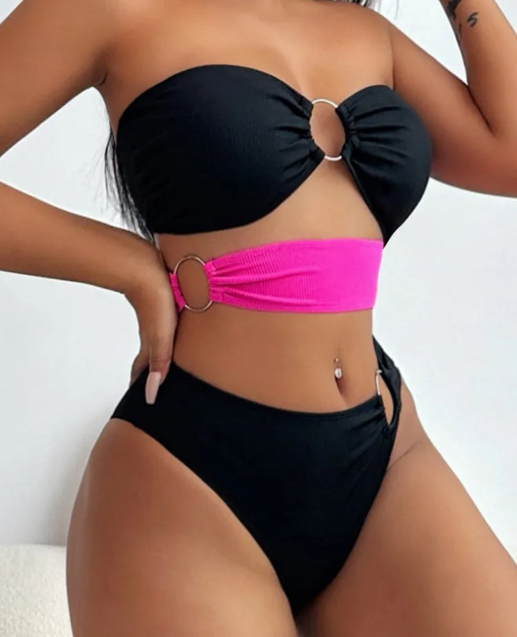 Patchwork Bandeau Hollow Bikini Set - Fashionpara