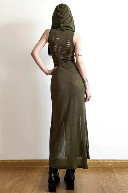 Jersey Hooded Sleeveless High-Slit Maxi Dress