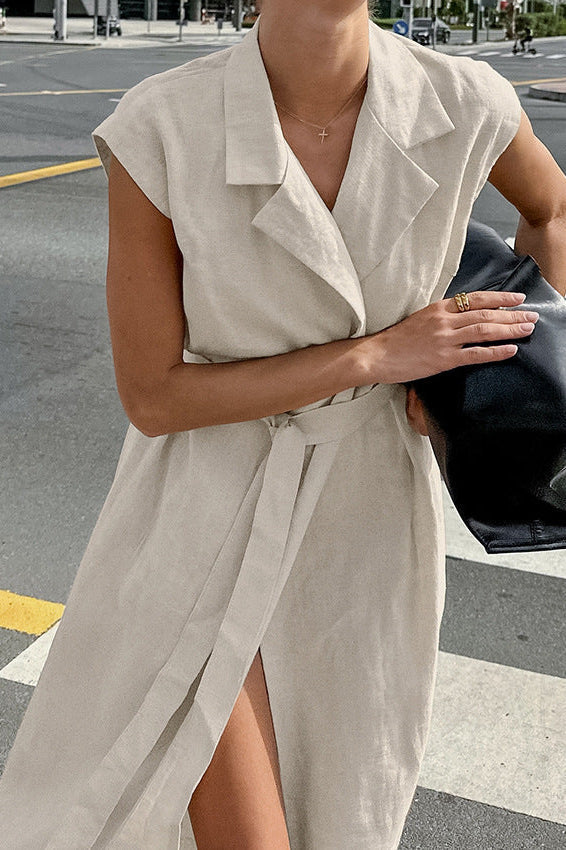 Khaki Cotton Linen Belted Shirt Maxi Dress