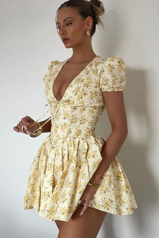 Floral Deep V-Neck Puff Sleeve Flared Mini Dress 6