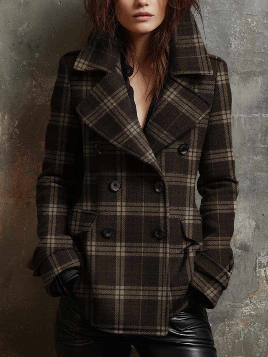 Plaid Wool-Blend Double-Breasted Short Coat