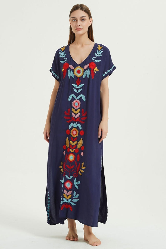 Embroidered V-Neck Short-Sleeve Kaftan Maxi Dress 8