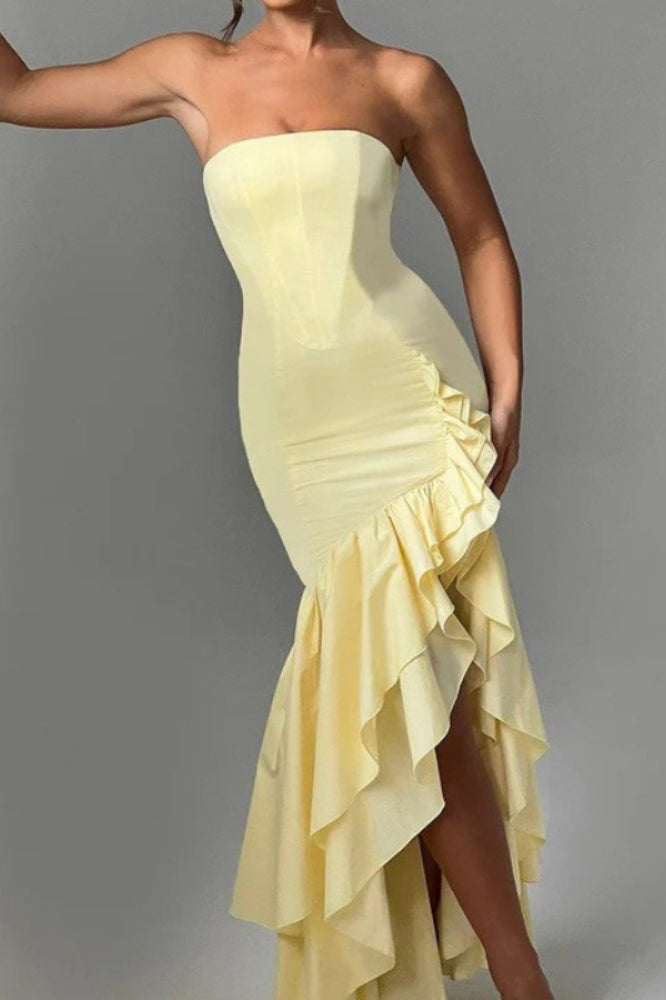 Strapless Corset Ruched Ruffle Hem Mermaid Maxi Dress 9