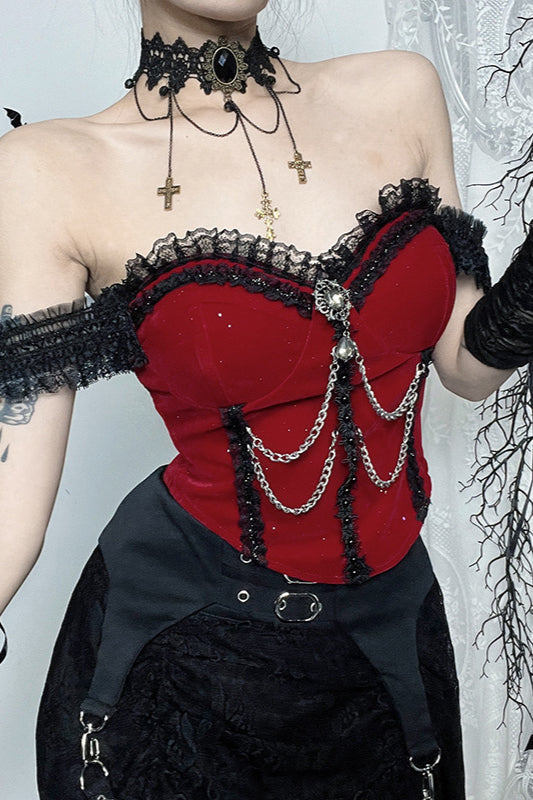 Red Shimmer Off Shoulder Bustier Corset - Fashionpara