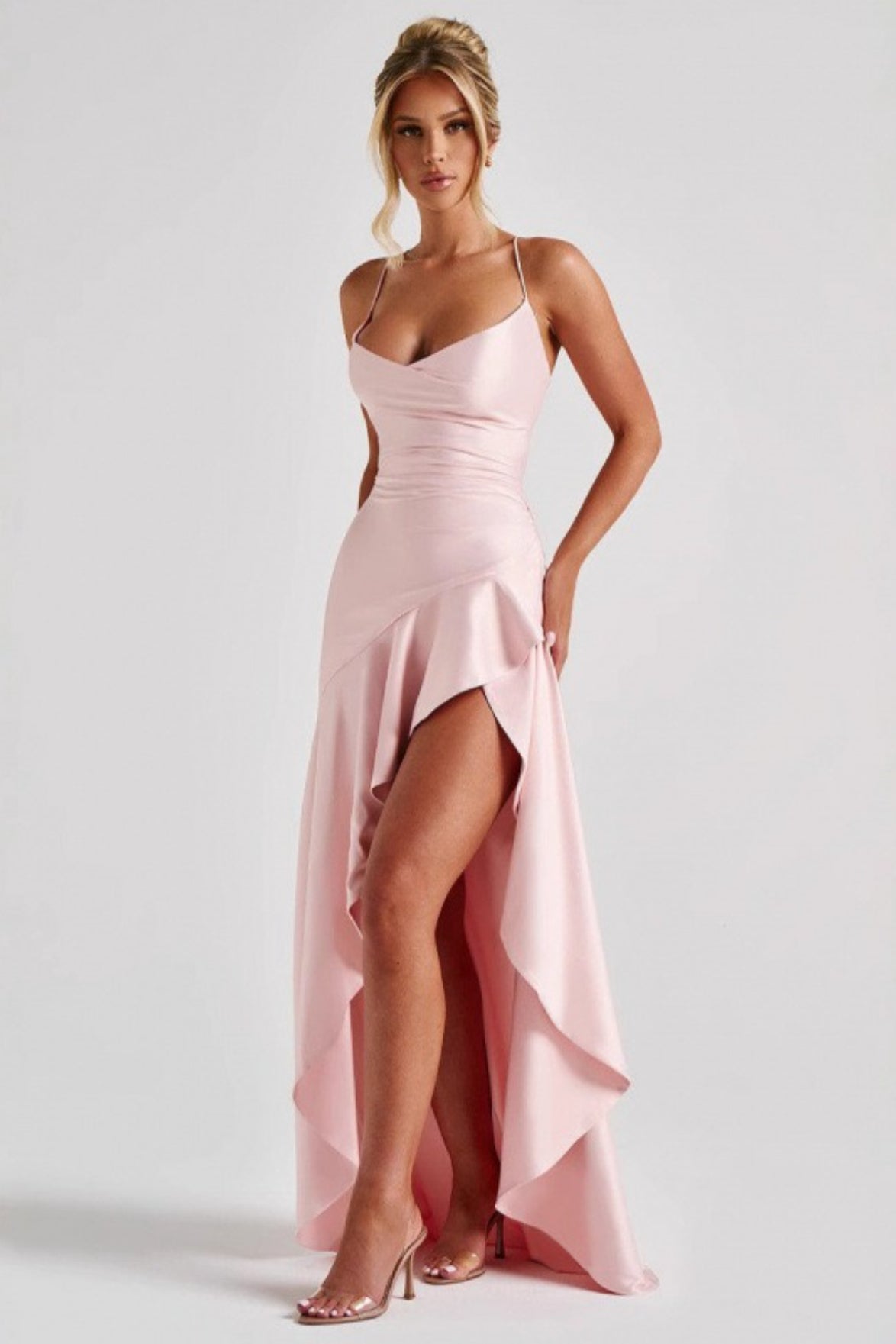 Satin Cowl Neck Lace Up Back Ruffle Maxi Dress 3