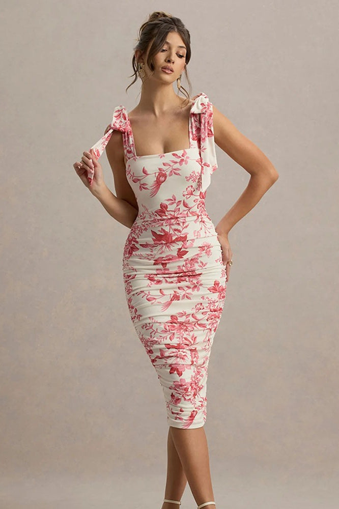 Floral Print Square Neck Tie Strap Ruched Bodycon Midi Dress