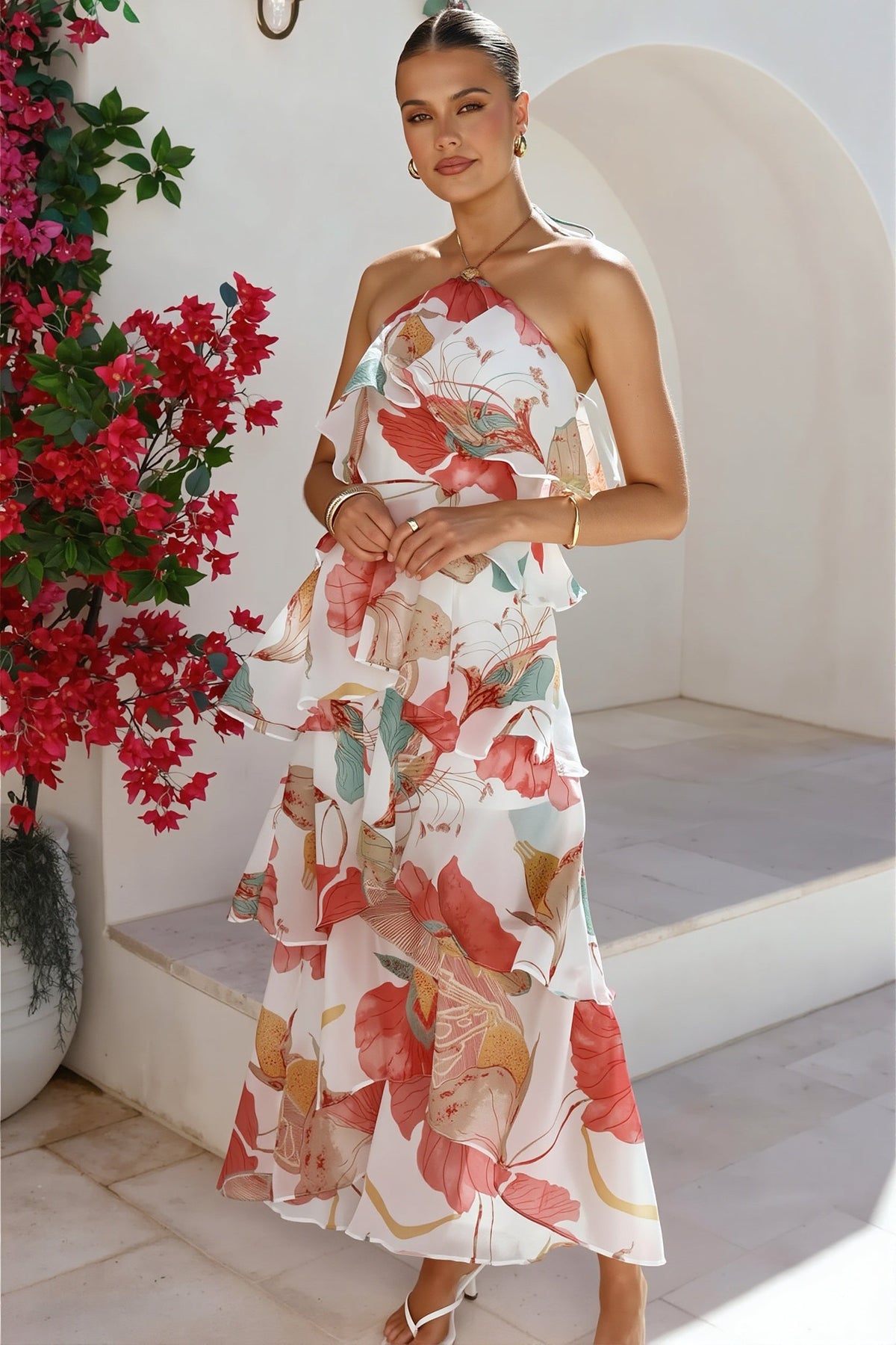Floral Halter Tiered Ruffle High Low Midi Dress 4