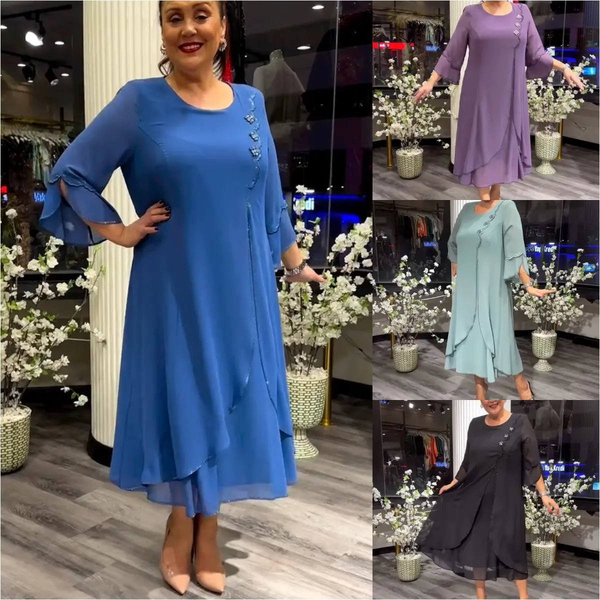 Chiffon Floral Applique Bell Sleeve A-Line Midi Dress