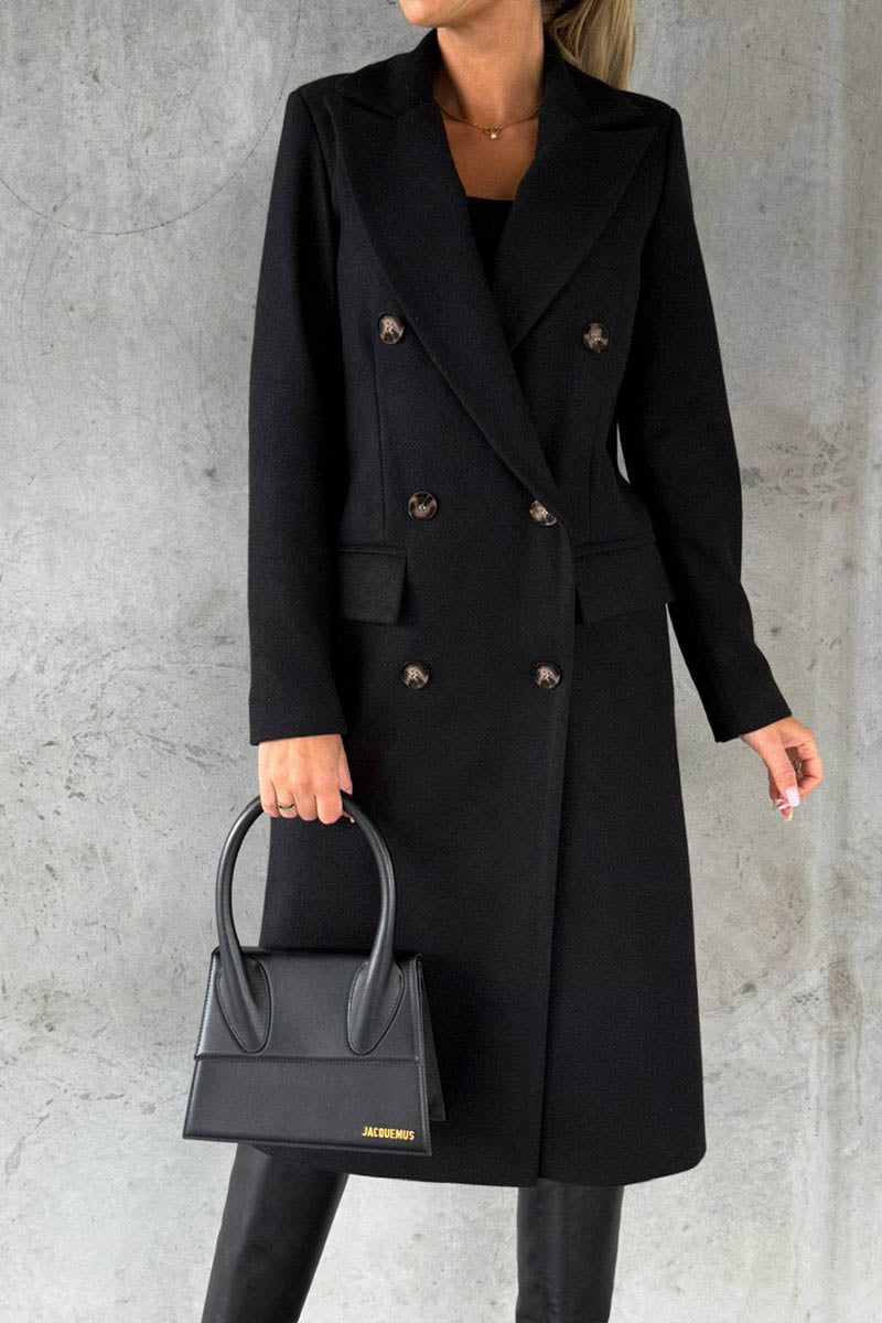 Solid Color Long Sleeve Double Breasted Coat with Pockets - Fashionpara