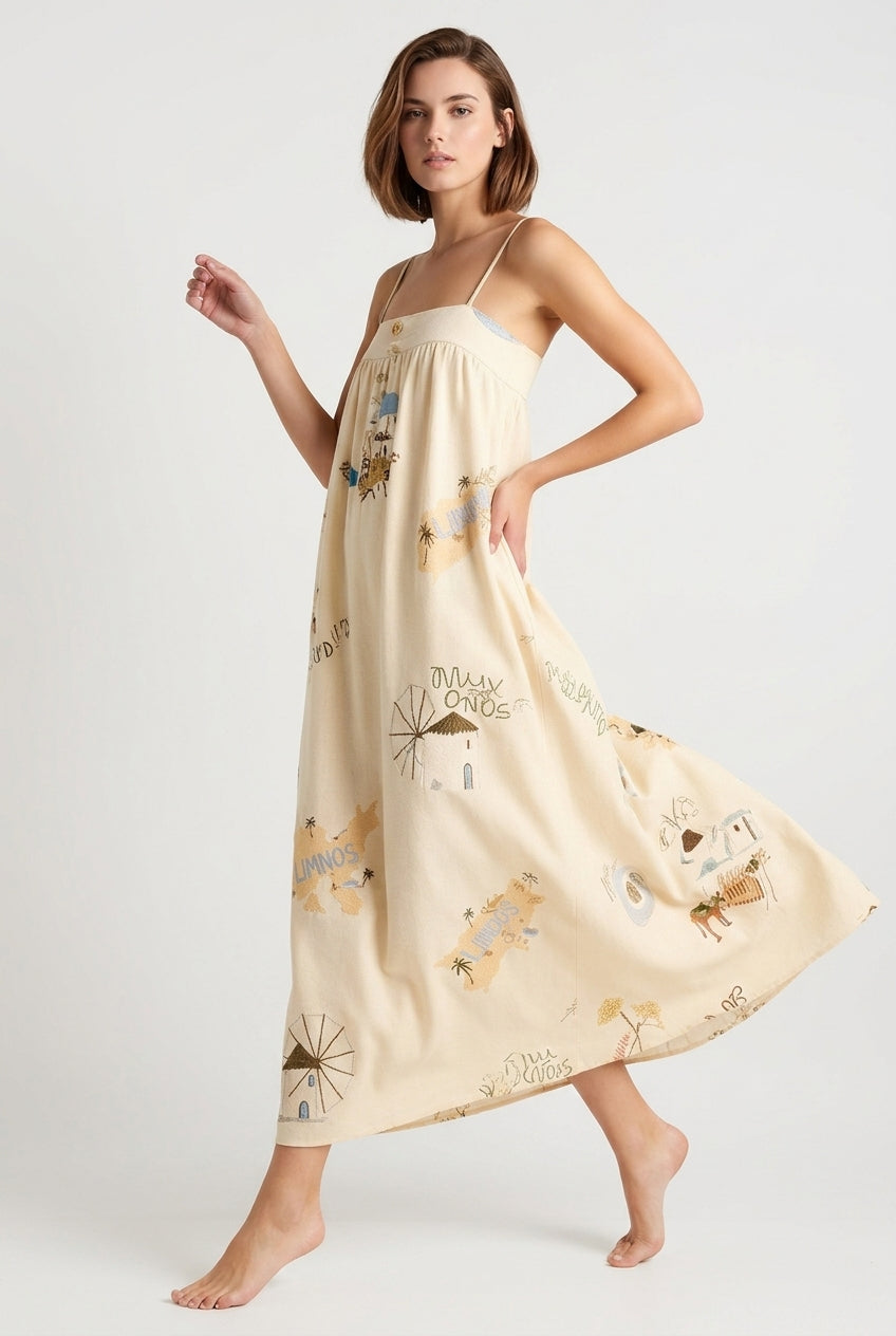 Strappy Embroidered Square Neck A-Line Maxi Dress