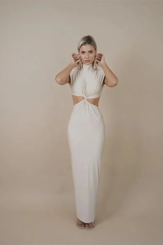High Neck Sleeveless Twist Front Cutout Bodycon Dress