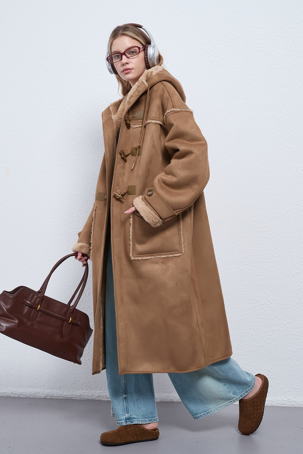Hooded Suede Shearling Horn Button Long Thick Overcoat