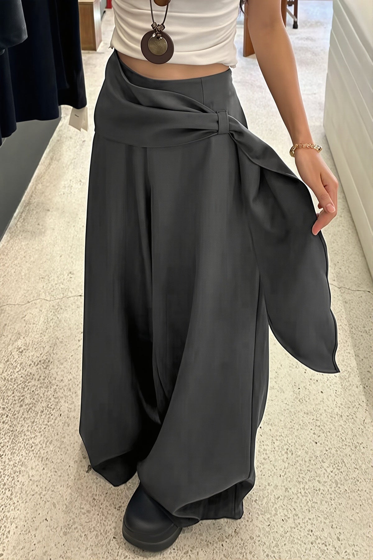 Draped Waist Tailored Wide Leg Pants