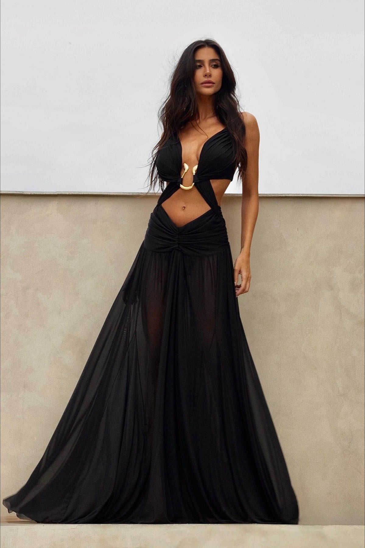 Spaghetti Strap Hollow Out Metal Maxi Dress