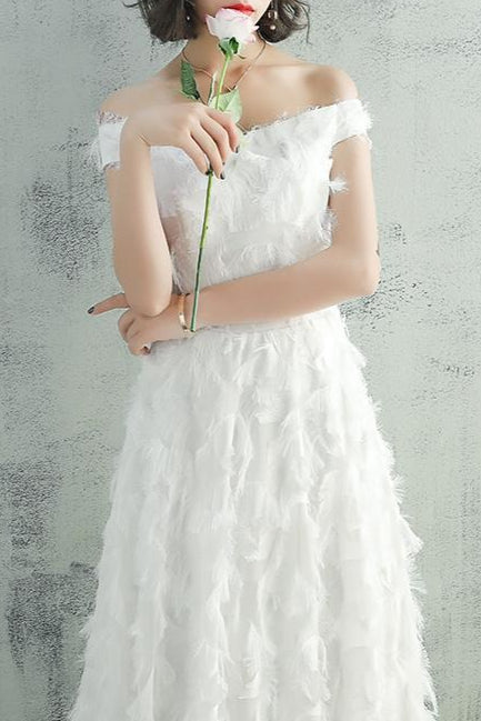 Feather Fringe Off Shoulder A-Line Formal Gown - View 2