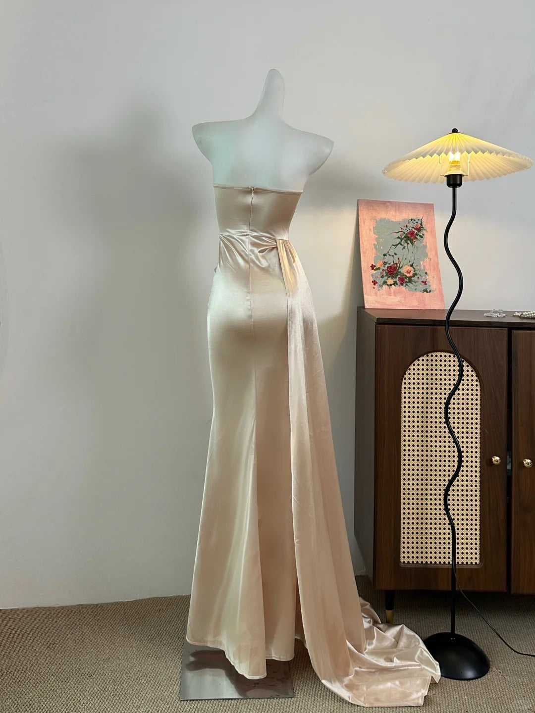 Elegant Champagne Mermaid Trailing Strapless Satin Long Prom Dress Evening Dress P4081