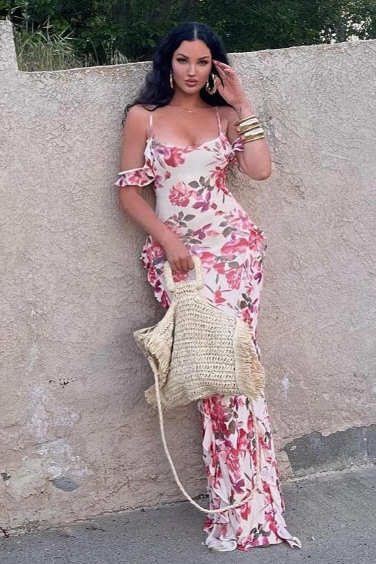 Floral Print Off Shoulder Ruffle Mermaid Maxi Dress